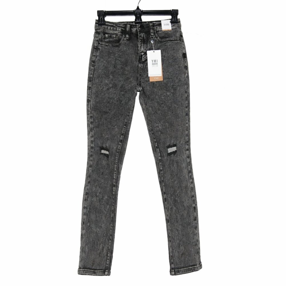 NWT YMI Vintage Dream Fit High Rise Ankle Straight Distressed Black Acid Wash 3
